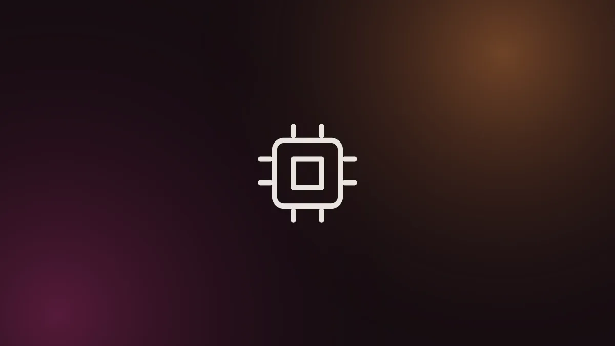Ilustração de um chip de processador em traço fino, sobre fundo escuro com brilho laranja e magenta
